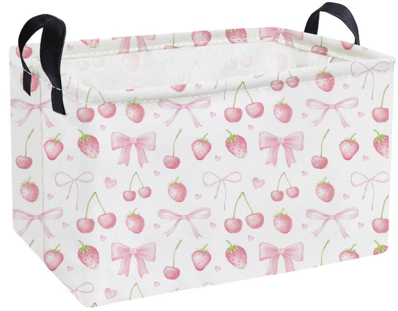 Essme Rectangular Kids Baskets,Girls Storage Basket Pink Bins with Handles for Strawberry Room Decor, Cherry Storage Bin(Strawberry) - Image 1